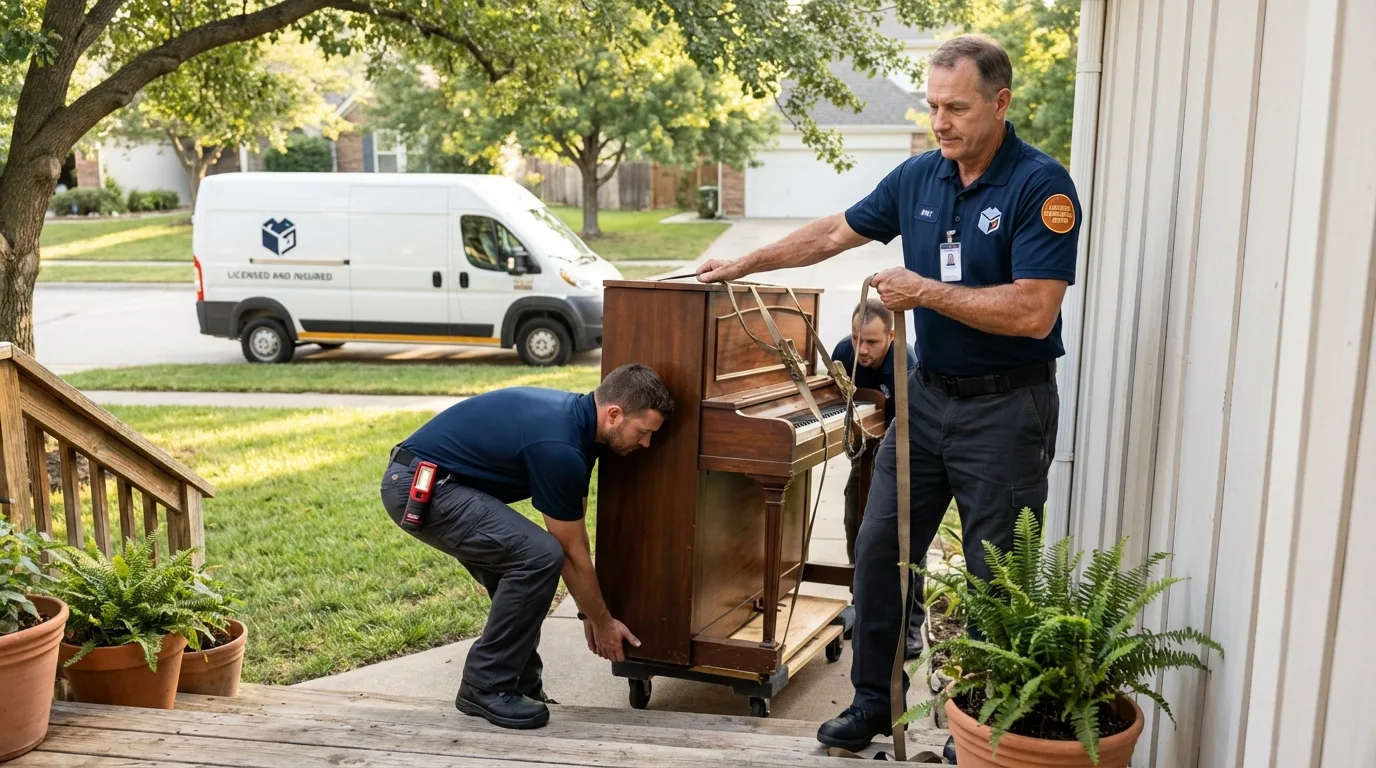Licensed piano movers securing grand piano in Amsterdam, NY