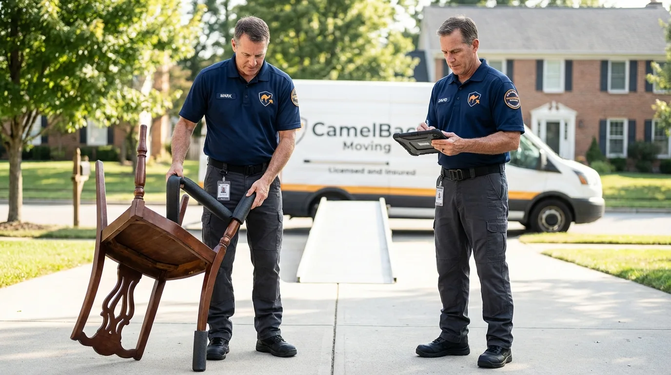 Movers inspecting furniture for damage prevention before loading in Amsterdam, NY