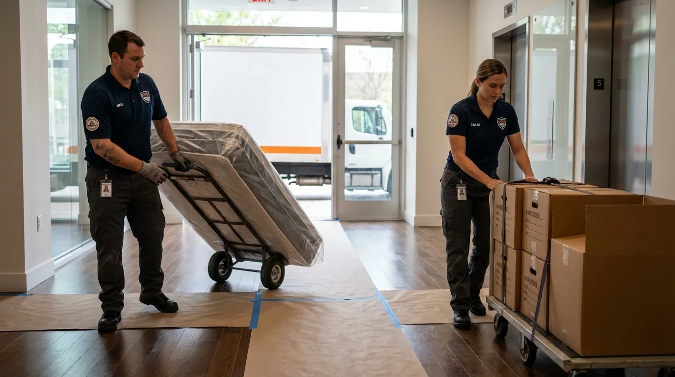 Professional apartment movers loading elevator in Amsterdam, NY