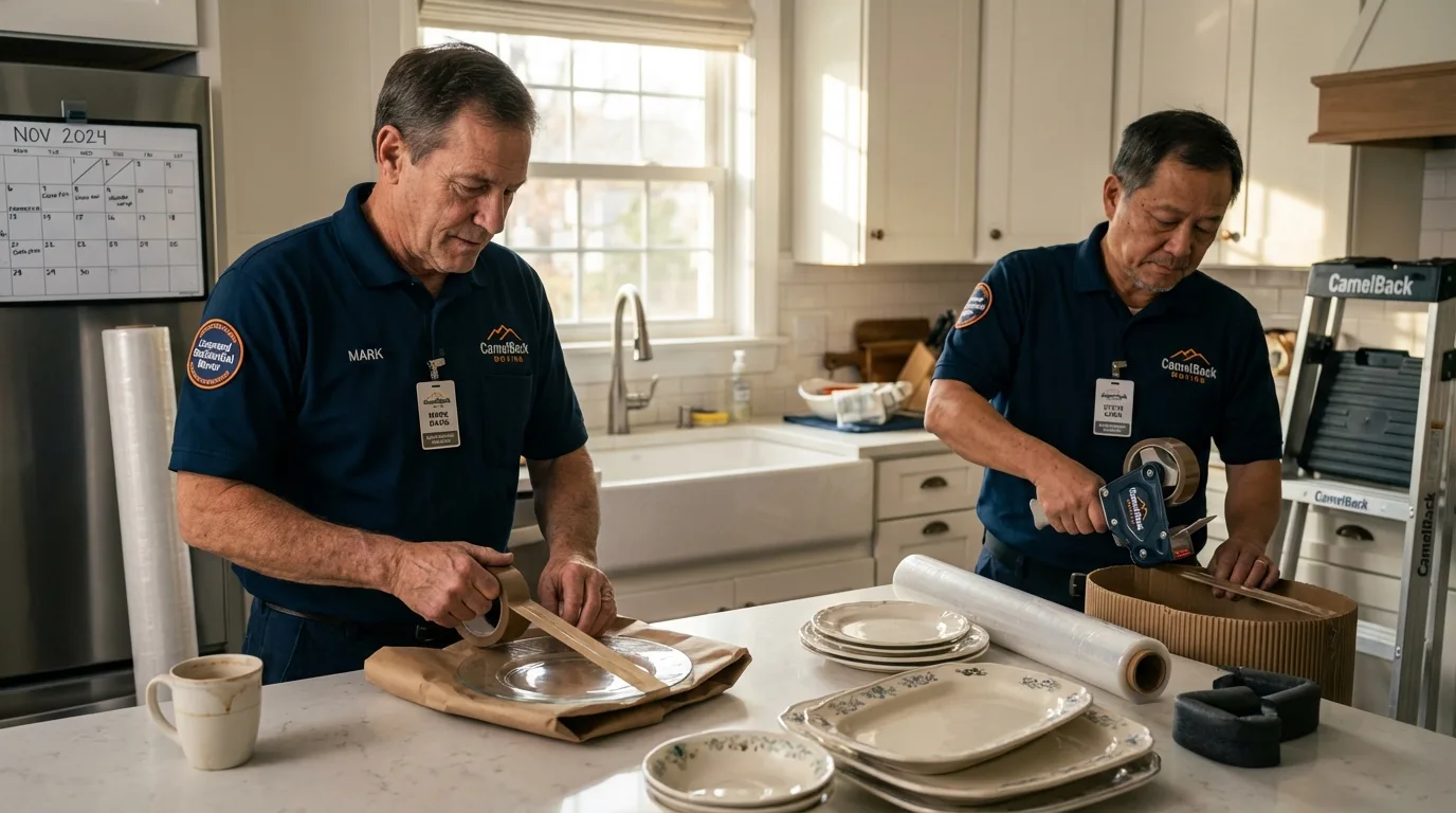 Professional crew packing kitchen dishware in Amsterdam, NY